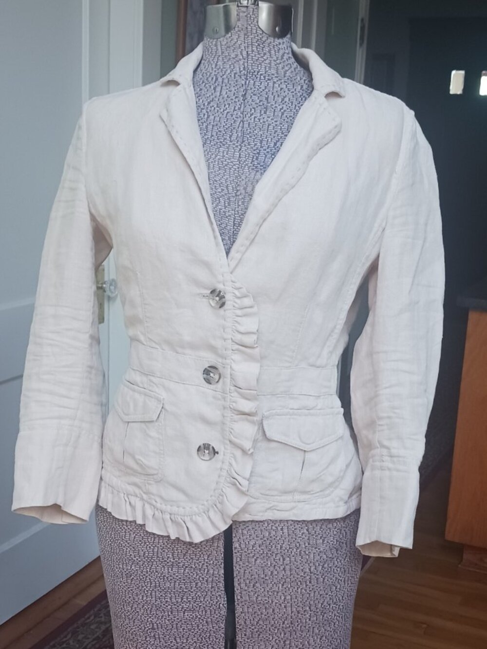 Hei Hei Anthropologie Beige/Tan Linen 3/4 Sleeve Ruffled Blazer Jacket Size 0